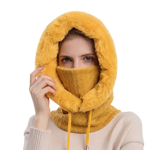 Winter Balaclava Integrated Hat Scarf Knit Polyester Faux Fur Lining Adjustable Drawstring Windproof Warm Outdoor Skiing
