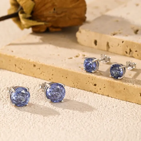Pendientes De Botón De Circonita Azul Redondos Con Poste De Plata De Ley 925 Moda Minimalista Lujo Accesorio Elegante