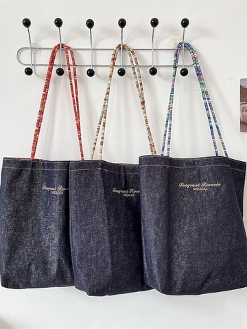 Retro Denim Canvas Tote Bag Reversible Checkered Lining Large Capacity Shoulder Bag Colorful Braided Straps For Women Commuting
