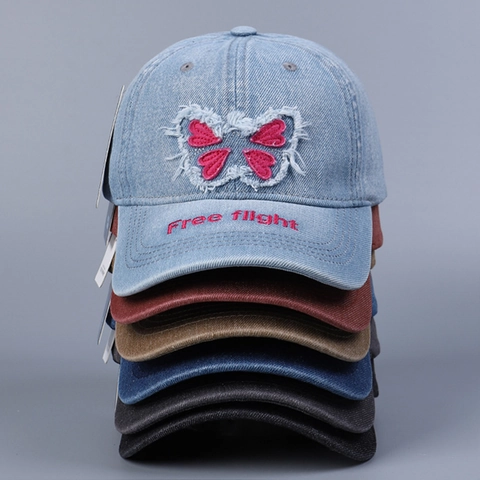 Cotton Denim Baseballkappe Mit Schmetterlingsstickerei Patch Distressed Vintage Mode Verstellbarer Sonnenhut Damen
