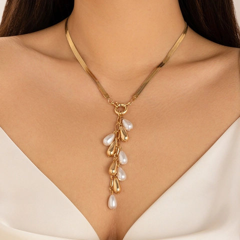 Elegant Imitation Artificial Pearl Tassel Necklace Baroque Style Retro Alloy Snake Chain For Women Wedding Party Jewelry