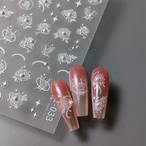 Nail Art Stickers 5D Embossed White Rose Butterfly Patterns Self Adhesive With Faux Artificial Pearl Manicure Decoration For Women