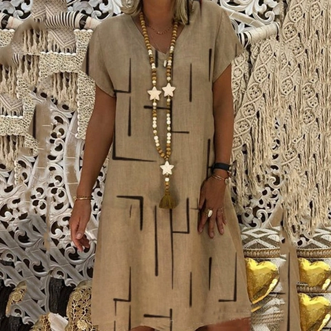 Women V Neck Short Sleeve Midi Dress Loose Geometric Line Print Bohemian Plus Size Casual Summer Dress