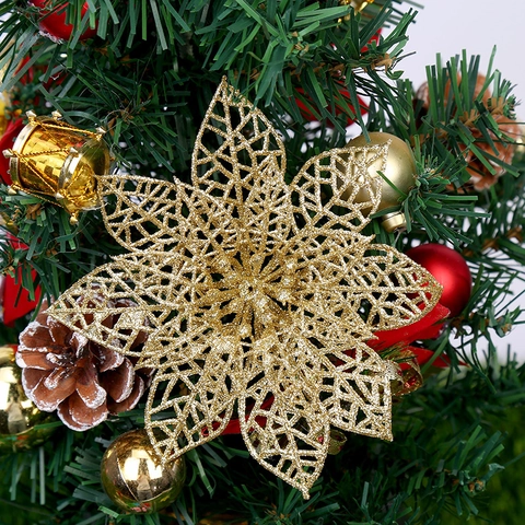 Fiori Decorazione Albero Di Natale Luccicanti Glitter PE Traforati Poinsettia Ornamenti Festivi Per Ghirlanda