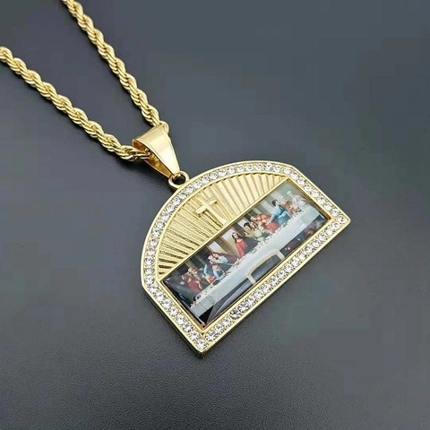 Hiphop Collier Pendentif La Cène en Acier Titane Or Argent Strass Croix Religieuse Bijoux Incrustés pour Hommes Femmes
