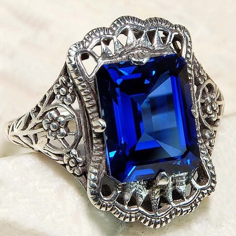 Bague Ajourée Style Palais Vintage Cuivre Incrusté De Zircon Bleu Royal Filigrane Design Victorien Bijoux Pour Femmes