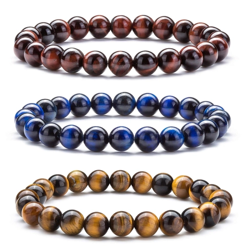 Natural Stone Beaded Bracelet Lava Rock Tiger Eye Agate Diffuser Jewelry Gift For Men Women Unisex Elastic Hand Beaded
