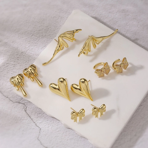 Copper Gold Plated Irregular Heart Wing Bowknot Rhinestone Stud Earrings Ear Cuffs Personalized Hip Hop Jewelry For Women
