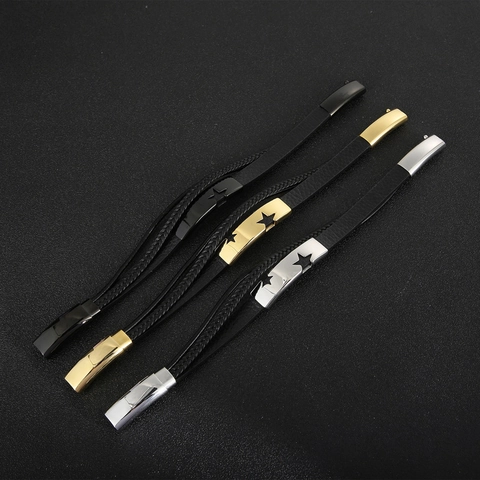 Bracciale Multistrato Uomo Pelle Acciaio Inossidabile Motivo Stella Punk Moda Polso Chiusura Magnetica Gioielli
