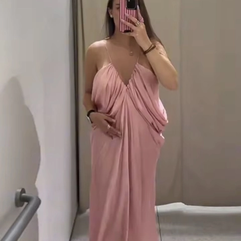 Women Satin Maxi Dress Cowl Neck Backless Spaghetti Strap Drape Front Solid Color Elegant Sexy Slip Long Dress