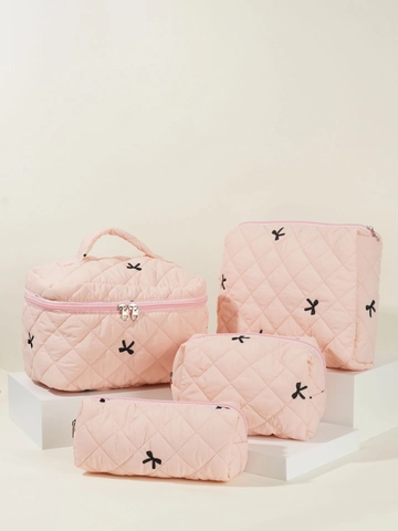 Borsa Da Trucco In Cotone Trapuntato Con Fiocco Ricamato Astuccio Per Cosmetici Grande Capacità Organizzatore Da Viaggio Portatile Donne