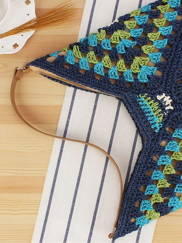Große Kapazität Hobo Tasche Papierschnur Gehäkelte Gewebte Geometrische Patchwork Bohemian Stil Für Frauen Urlaub Strand Täglich