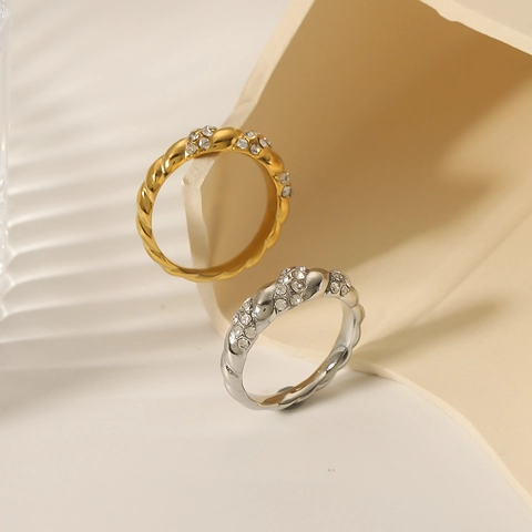 Gedraaide Touwring Roestvrij Staal 18K Verguld Pave Strass Minimalistisch Retro Mode Accessoire Sieraden Voor Dames