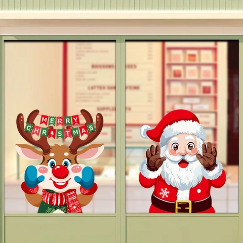 Christmas Window Stickers Cartoon Santa Claus Reindeer PVC Static Cling Decals Festive Glass Door Decor