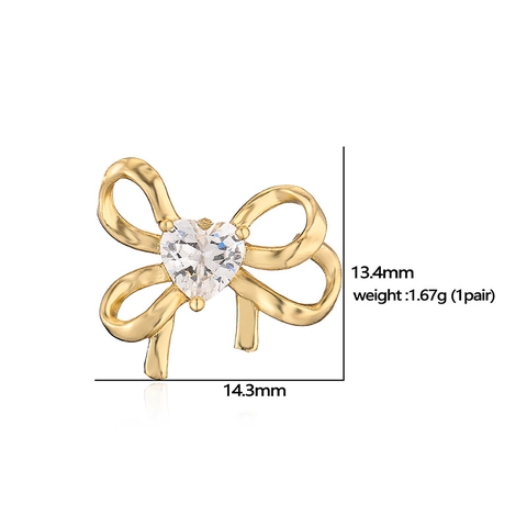 Squisiti Orecchini a Bottone a Fiocco in Rame Placcato Oro 18K Con Zirconia a Forma di Cuore Eleganti Gioielli da Donna