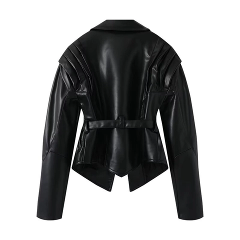 Damen Mode Kunstleder Wildleder Kurze Jacke Mit Gürtel Falten Schulter Revers Langarm Chic Streetwear Außenbekleidung Für Damen