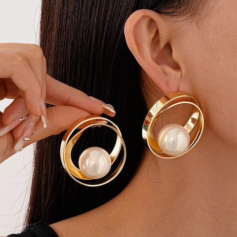 Pendientes De Aro Geométricos De Cobre Chapado En Oro Con Perla Artificial De Imitación Para Mujer Y Poste De Plata