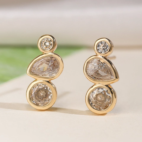 Zircon Stud Earrings For Women Copper Vertical Three Stone Teardrop Round Cut Geometric Fashion Jewelry Gift