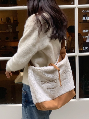 Borsa Tote In Peluche Camoscio Patchwork Ricamata Calda Invernale Borsa A Spalla Tracolla Per Donna