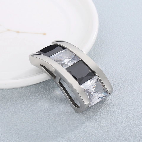 Pendentif Rectangulaire En Acier Inoxydable Avec Pierres Zircon Noires Et Transparentes Pour Création Bijoux DIY Style