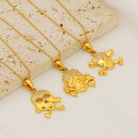 Skull Pendant Necklace Stainless Steel 18K Gold Plated With Rhinestone Punk Hip Hop Gothic Jewelry For Men Women