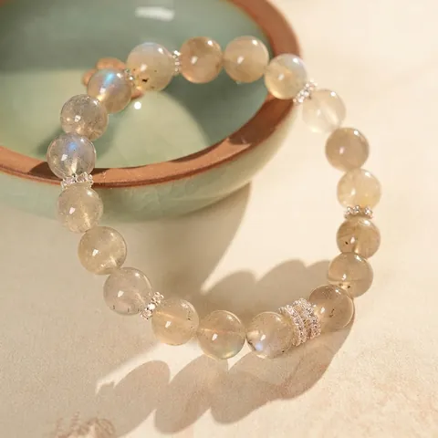 Natural Moonstone Beaded Bracelet With Zircon Copper Spacers Elegant Retro Style Jewelry For Women