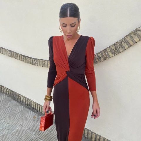Women Color Block Maxi Dress Long Sleeve V Neck Twist Knot High Waist Patchwork Elegant Sexy Long Slit Gown
