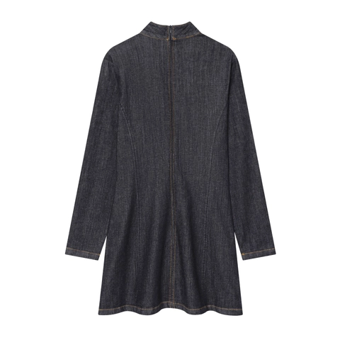 Denim Mini Jurk Lange Mouwen Hoge Hals Slanke Pasvorm Rits Achterkant Contraststiksels Casual Modieus Dames