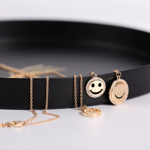 Brass Gold Plated Smile Face Pendant Necklace With Zircon Micro Pave Dainty Fashion Jewelry For Women