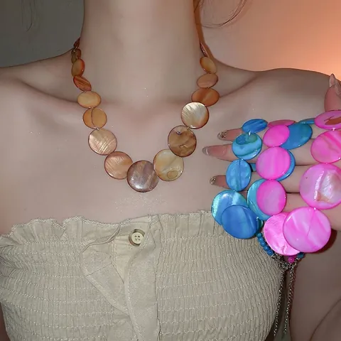Round Shell Disc Beaded Necklace Mother Of Artificial Pearl Gradient Fashion Boho Beach Summer Holiday Jewelry For Women Alloy Clasp