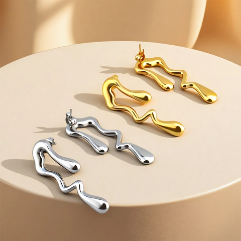 Orecchini Pendenti Geometrici In Acciaio Inossidabile 304 Goccia Martellata Svuotata Stile Metallo Liquido Moda Per Donne