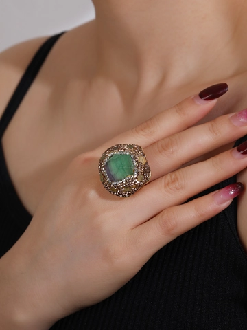 Natural Green Fluorite Raw Stone Adjustable Ring Irregular Gemstone Rhinestones Gold Plated Alloy Punk Jewelry Women