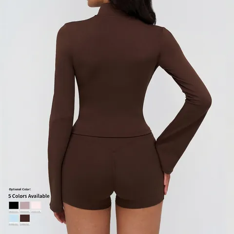 Dames Slim Fit Yoga Jas Opstaande Kraag Rits Klokmouw Hardlopen Sport Top Naked Feeling Polyamide Elastaan Sportkleding