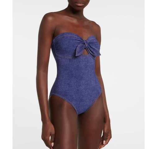 Costume Da Bagno Texture Denim Da Donna Con Fiocco Volant Gonna A Righe Vacanza Al Mare