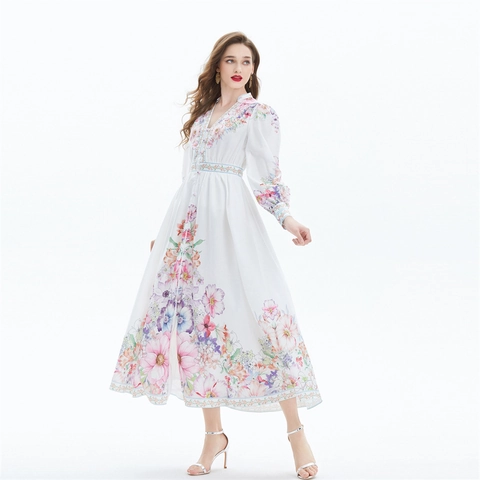 Maxi Jurk Dames Bloemenprint V-Hals Lantaarnmouwen Knoop Taille Etnisch Vakantie Wit Polyester