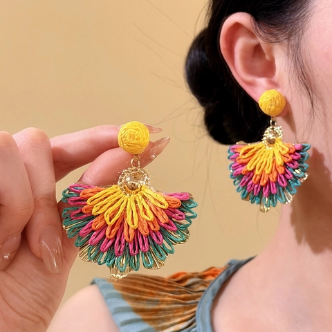 Boheemse Raffia Geweven Waaier-vormig Oorknopjes Voor Vrouwen Strand Vakantie Resort Stijl Handgemaakte Stro Geometrische Sieraden