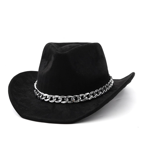 Western Cowboy Hat Faux Suede Silver Metal Chain Vintage Jazz Fedora Wide Brim Adjustable Outdoor Fashion