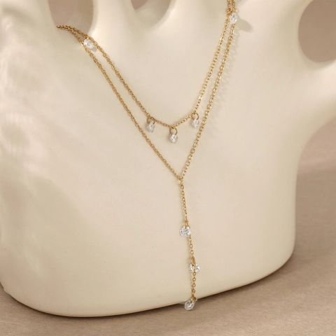 Double Layer Y Shaped Necklace 304 Stainless Steel Cubic Zirconia Sparkling Pendant Minimalist Jewelry For Women