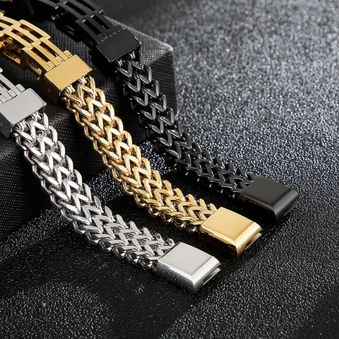 Men Stainless Steel Bracelet Double Row Woven Chain Magnetic Buckle Geometric Fashion Commute Jewelry Durable Gift