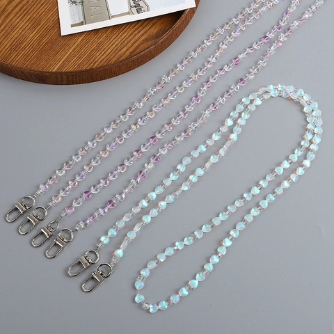 Iridescent Heart Beaded Mobile Phone Lanyard Crossbody Bag Charm Acrylic Bead Shoulder Strap Metallic Clasp Accessory