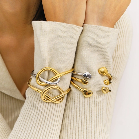Knoten Herz Offene Manschette Armreif Armband 18K Vergoldet Edelstahl Wasserdicht Hypoallergen Minimalistischer Schmuck Für Damen