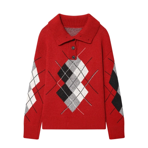 Women's Retro Argyle Pattern Knit Sweater Long Sleeve Polo Collar Loose Pullover Vintage British Style Soft Warm Jumper