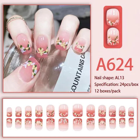 Press On Nails Square Round Shape Plastic Pink Gradient Floral Print Pattern Elegant Sweet Style Artificial Fingernails Manicure