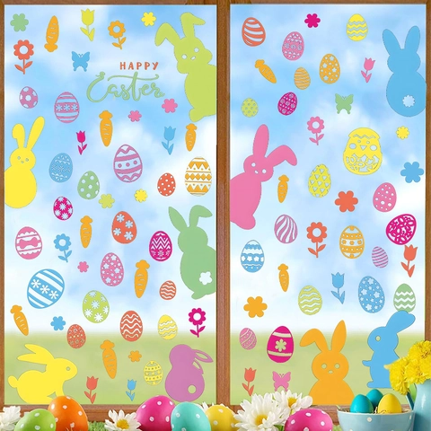 Ostern Fensteraufkleber Statisch Haftend PVC Hase Eier Karotten Muster Bunt Cartoon Glas Aufkleber Für Haus Urlaub Dekoration