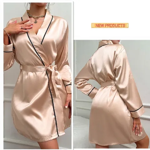 Dames Imitatie Satijnn Badjas V-Hals Satijn Slaapkleding Lange Mouwen Elegante Homewear