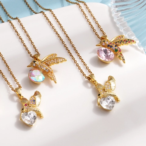 Collar Con Colgante De Colibrí Cobre Chapado En Oro Circón Multicolor Cristal De Corazón Joyería Elegante Para Mujer