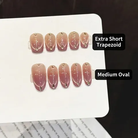 Handgemachte Press On Nails Pink Lila Farbverlauf Cat Eye Effekt Mit Strasssteinen Schimmer Oval Elegant Feminin