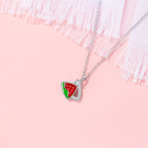 Collar con Colgante de Sandía de Acero Inoxidable y Circonia para Mujer Joyería de Cadena de Clavícula de Esmalte de Fruta