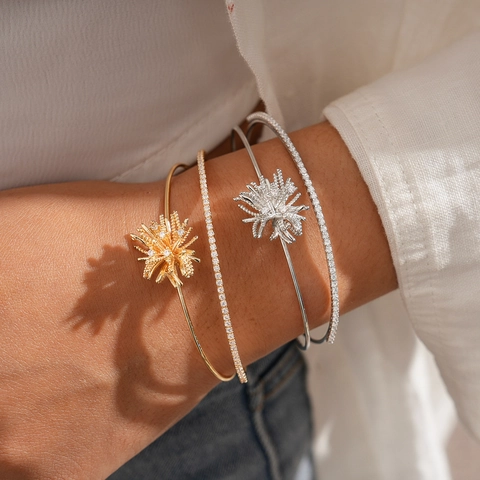 Brazalete De Doble Capa Con Flor De Circón Cobre Ajustable Abierto Joyería Elegante Para Mujeres