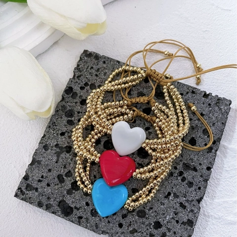 Pulsera de Cuentas de Cobre con Colgante de Corazón de Vidrio Soplado Estilo Ins Chapado en Oro Cadena Ajustable Joyería para Mujer